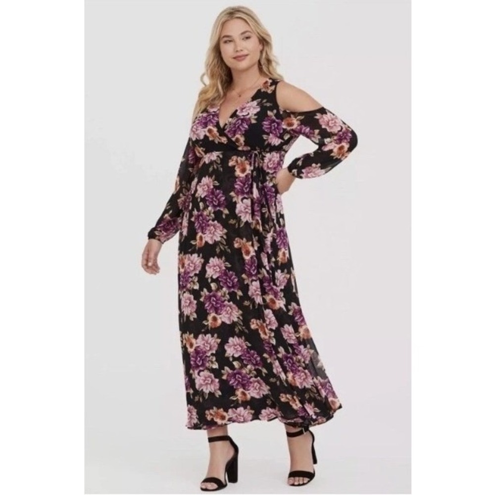 Torrid Chiffon Plus Size 2 Floral Cold Shoulder Chiffon Maxi Dress Black Pink 2X